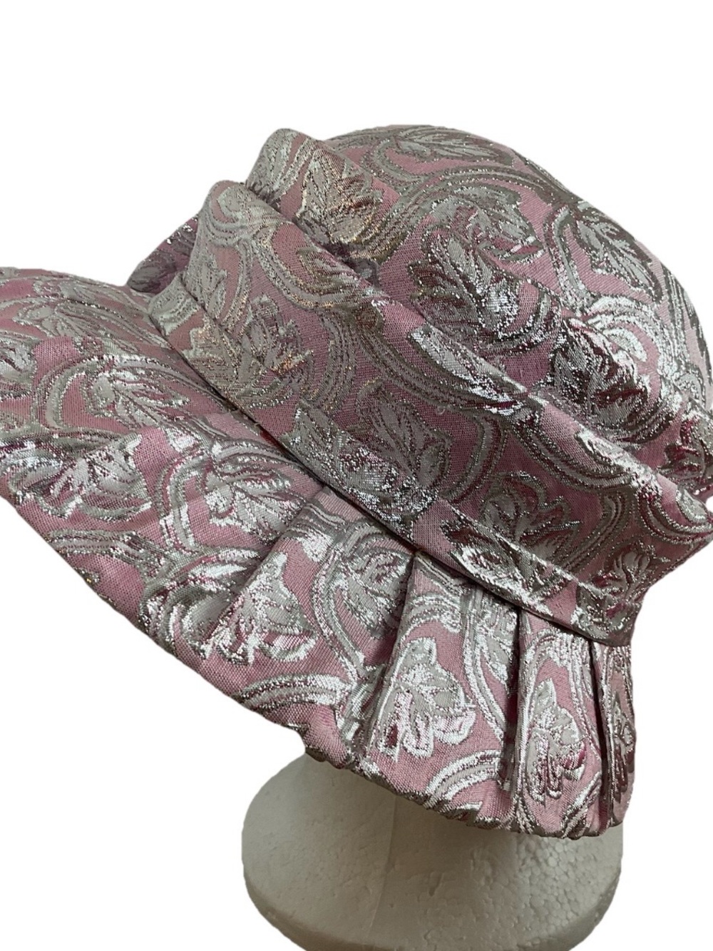 Mr Hi’s Classic Pink w/ Silver Metallic Hat w/Brooch ~Floral ~Church Hat - Picture 7 of 13